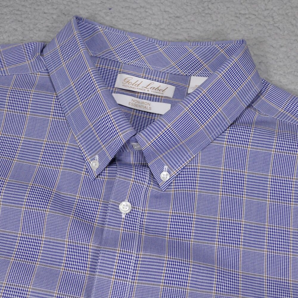 Roundtree Yorke Gold Label Shirt Mens 3XB Blue Brown Plaid Button Up Long Sleeve